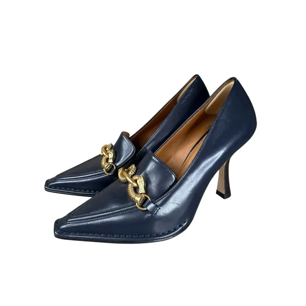 Tory Burch Jessa Pointed Toe Leather Pumps Navy Gold Chain Heels Size 7M