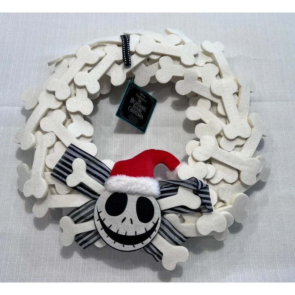 Disney Nightmare Before Christmas Jack Skellington Bone Wreath Santa Hat 14