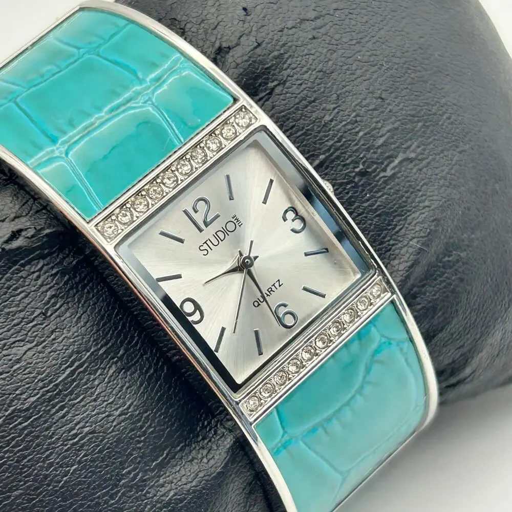 Studio Time Teal Silver Stainless Steel Women’s Quartz  Bangle Watch New Battery