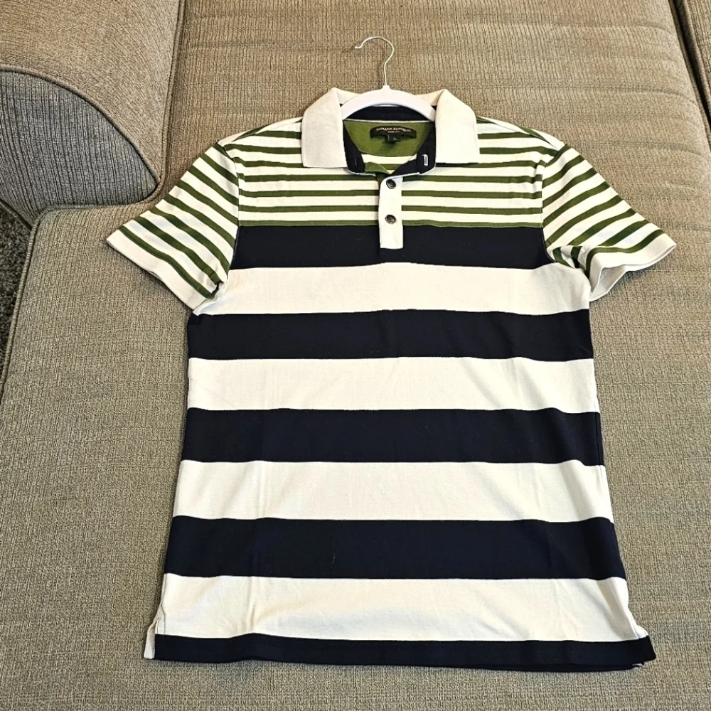 Banana Republic Nautical Slim Fot Green Navy Striped Polo Shirt Size Small