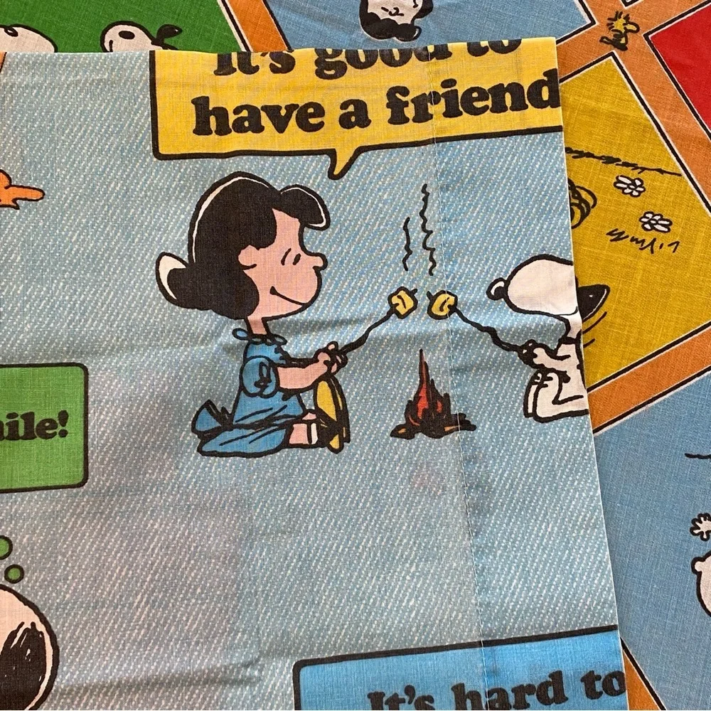 Vtg Peanuts Charlie Brown Snoopy Twin Flat Sheet & Pillow Case Colorful Quotes