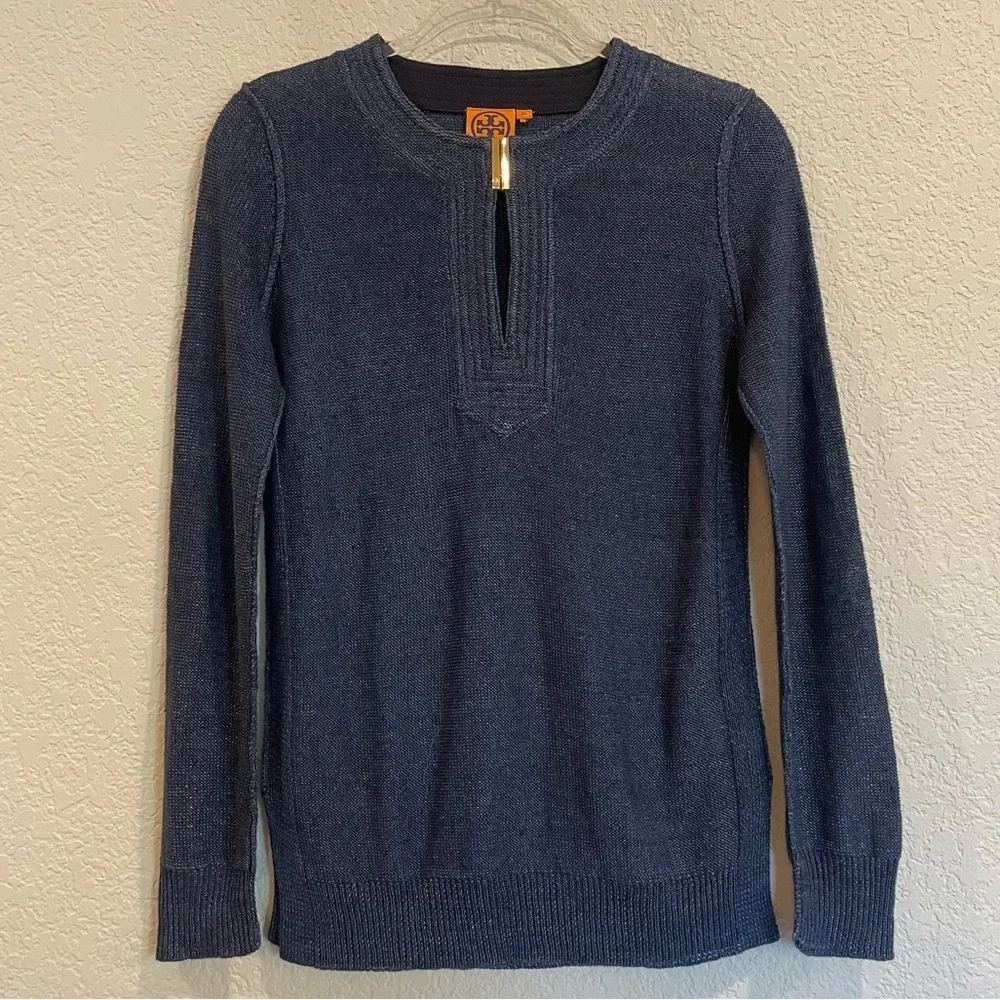 Tory Burch Orrin 100% Linen Sweater Tunic in Navy with Gold Hardware