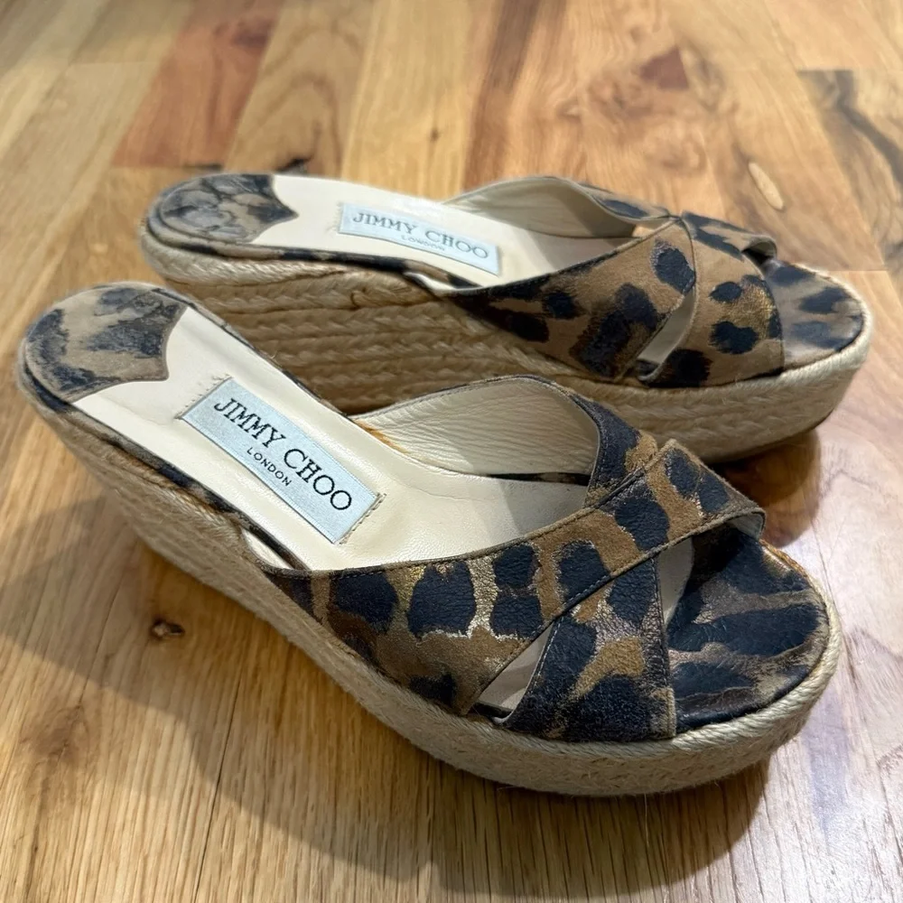 Jimmy Choo Dovina Leopard Suede Espadrille Platform Wedge Slides Sandals Size 36
