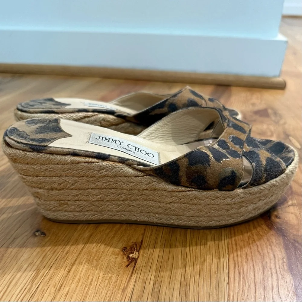 Jimmy Choo Dovina Leopard Suede Espadrille Platform Wedge Slides Sandals Size 36