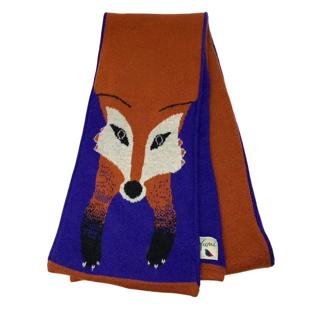 Modcloth Yumi Fox Print Scarf Orange + Blue Wool Angora Blend