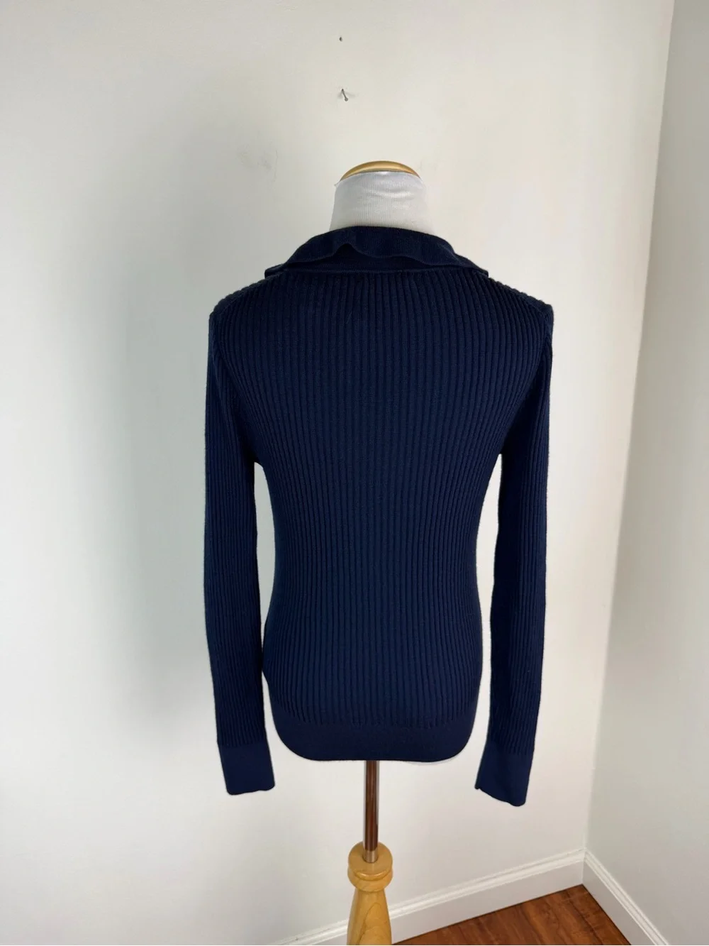NWT J. crew ribbed ruffle collar merino wool sweater navy blue Size S