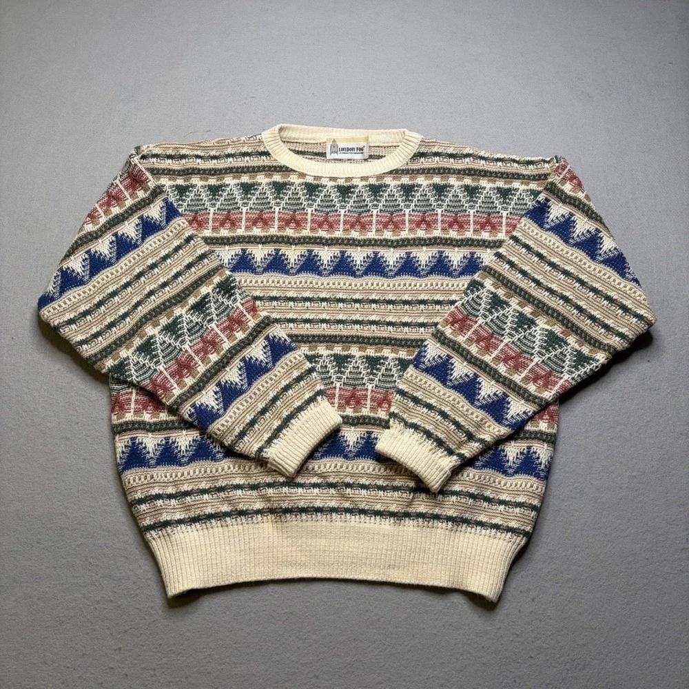 London Fog Sweater Mens XL Multi Fair Isle Geometric Knit Crewneck Vintage