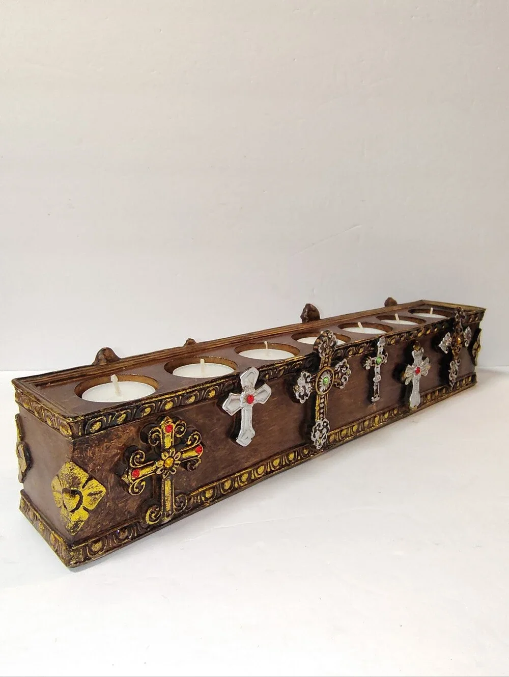 7 Cavity TeaLight Faux Wood Crosses Candle Holder Religious Centerpiece 17