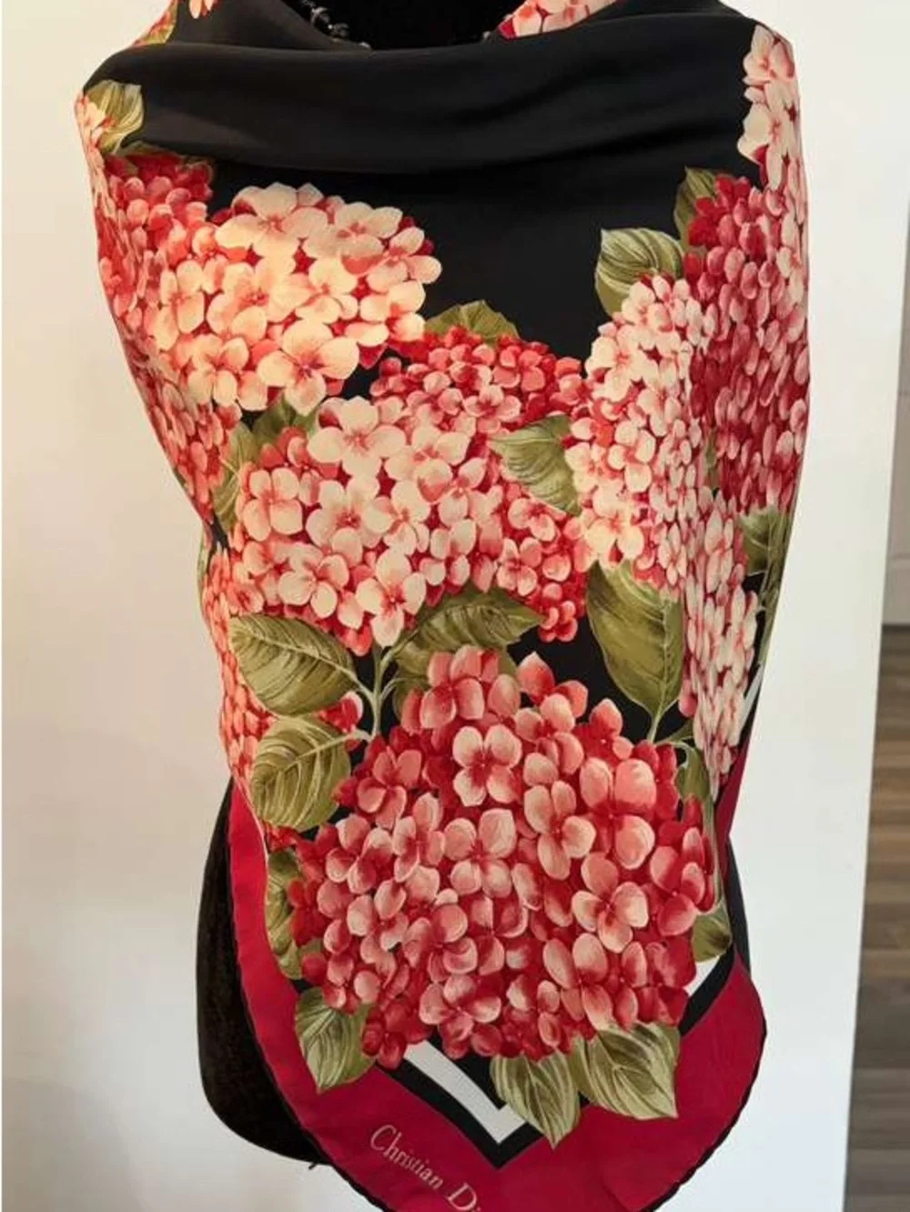 Dior Silk Scarf Red Black Floral Hand Rolled
