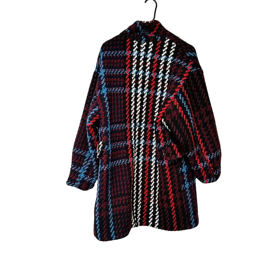 H&M Women's Red Check Snap Front Wool‎ Blend Jacquard Coat Size S