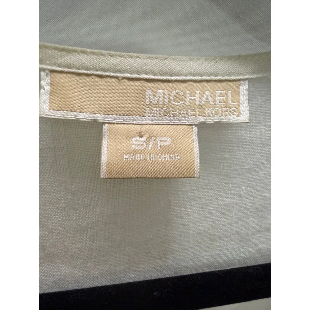 Michael Kors Linen Tunic Women Small White Beaded Split Neck 3/4 Sleeve Boho