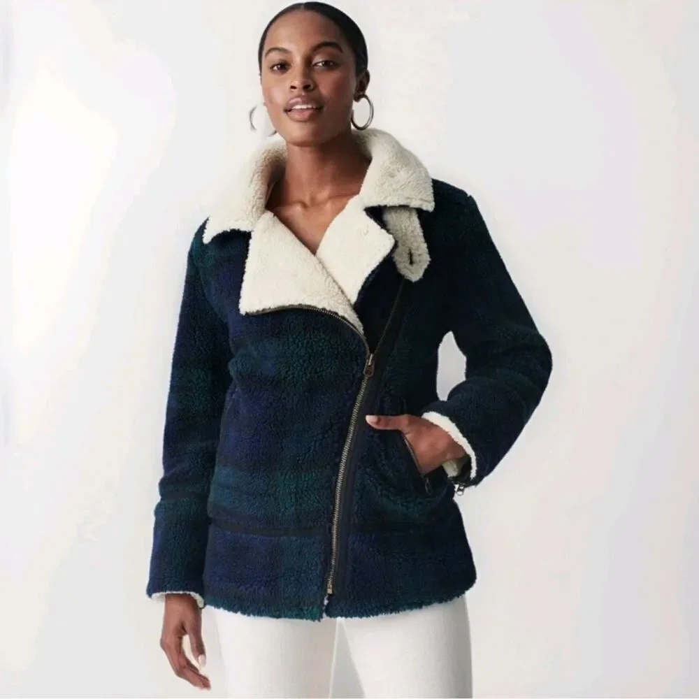 FAHERTY Montana Faux Shearling Plaid Asymmetric Zip Moto Coat Blue Sherpa Medium