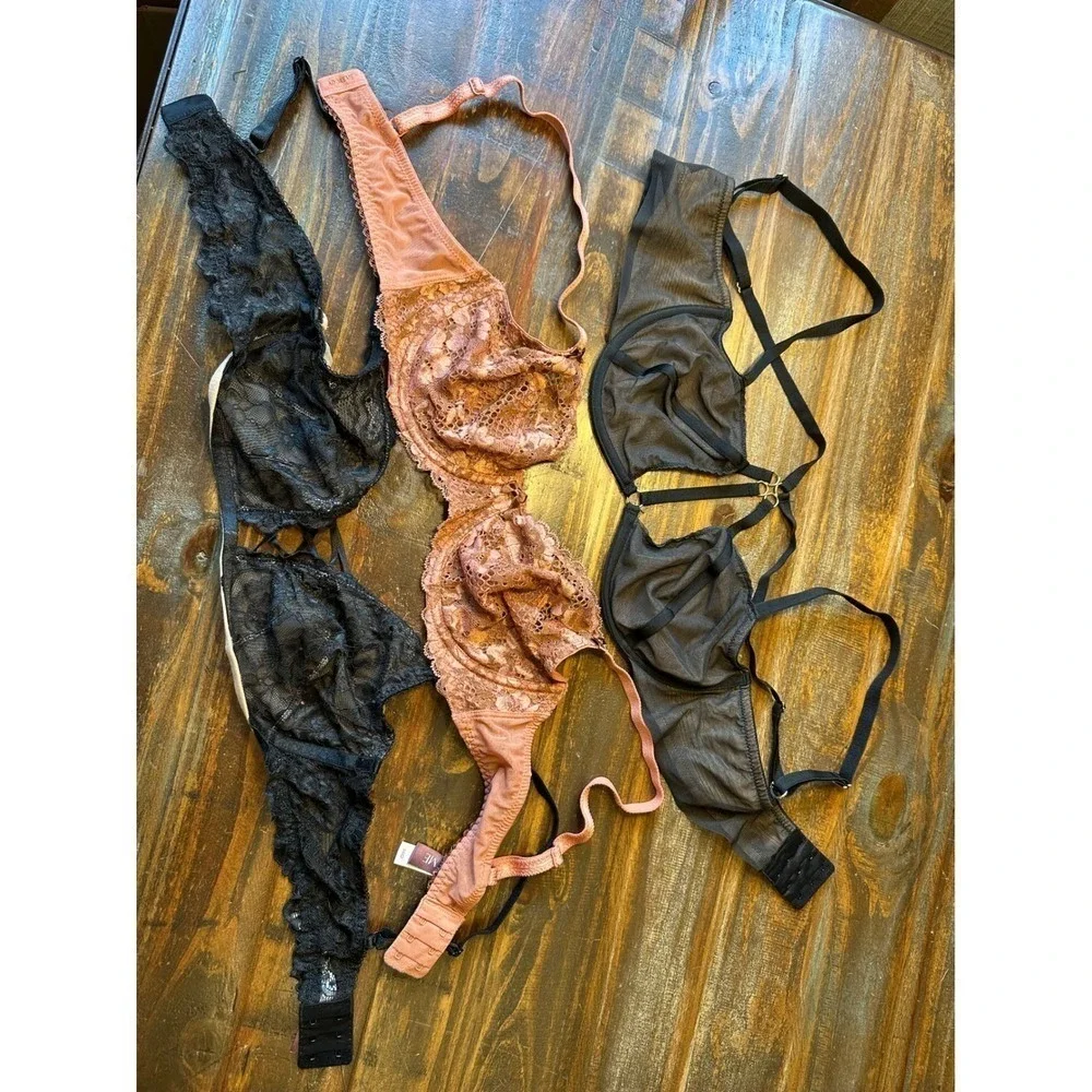 Adore‎ Me Womens Bra Bundle Set of 3 Lace Mesh Strappy Unlined Black Rose 36D