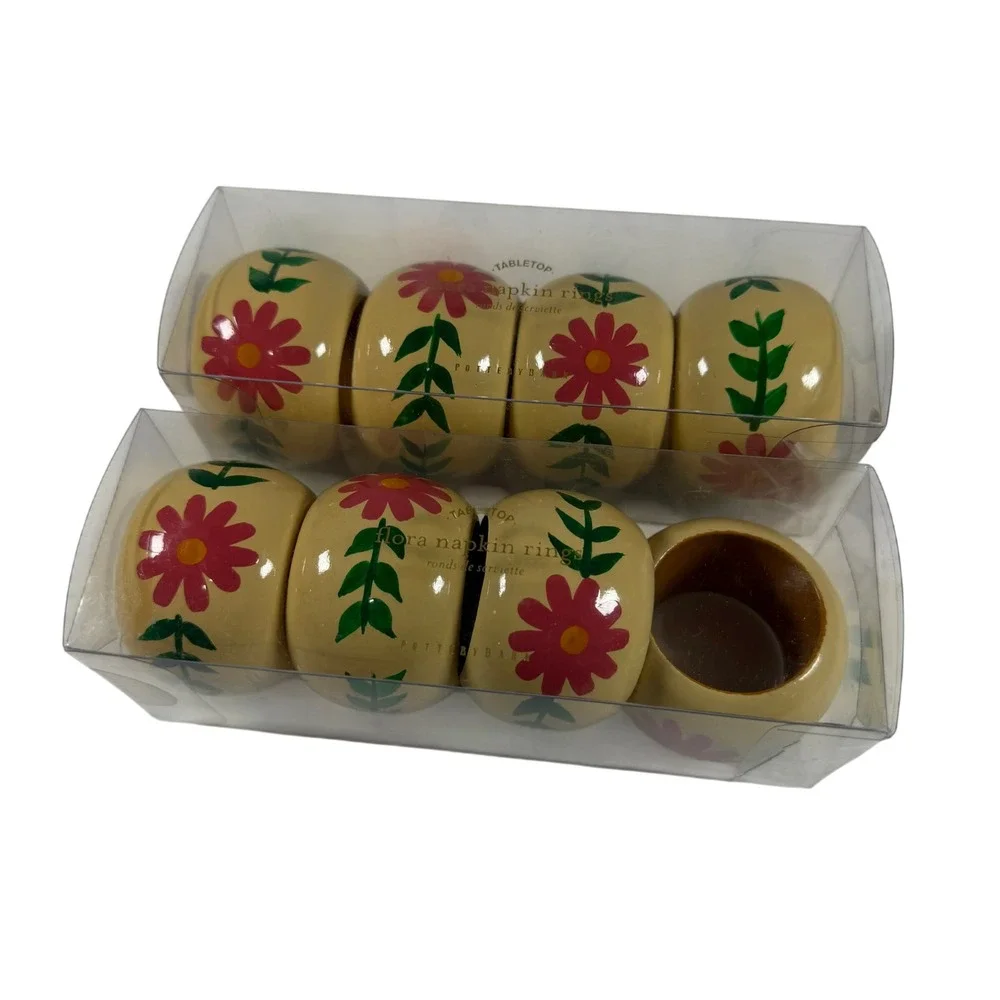 New Pottery Barn Mango Wood‎ Floral Painted Napkin Rings Two Sets of 4 Spring!