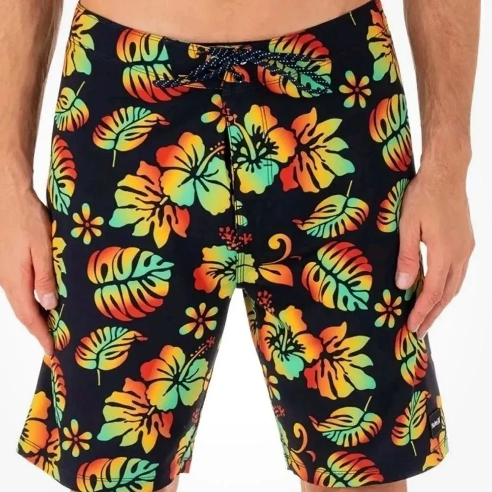 NWT Hurley Board Shorts Swim Phantom Quick Dry 4 Way Stretch Tropical Black 32