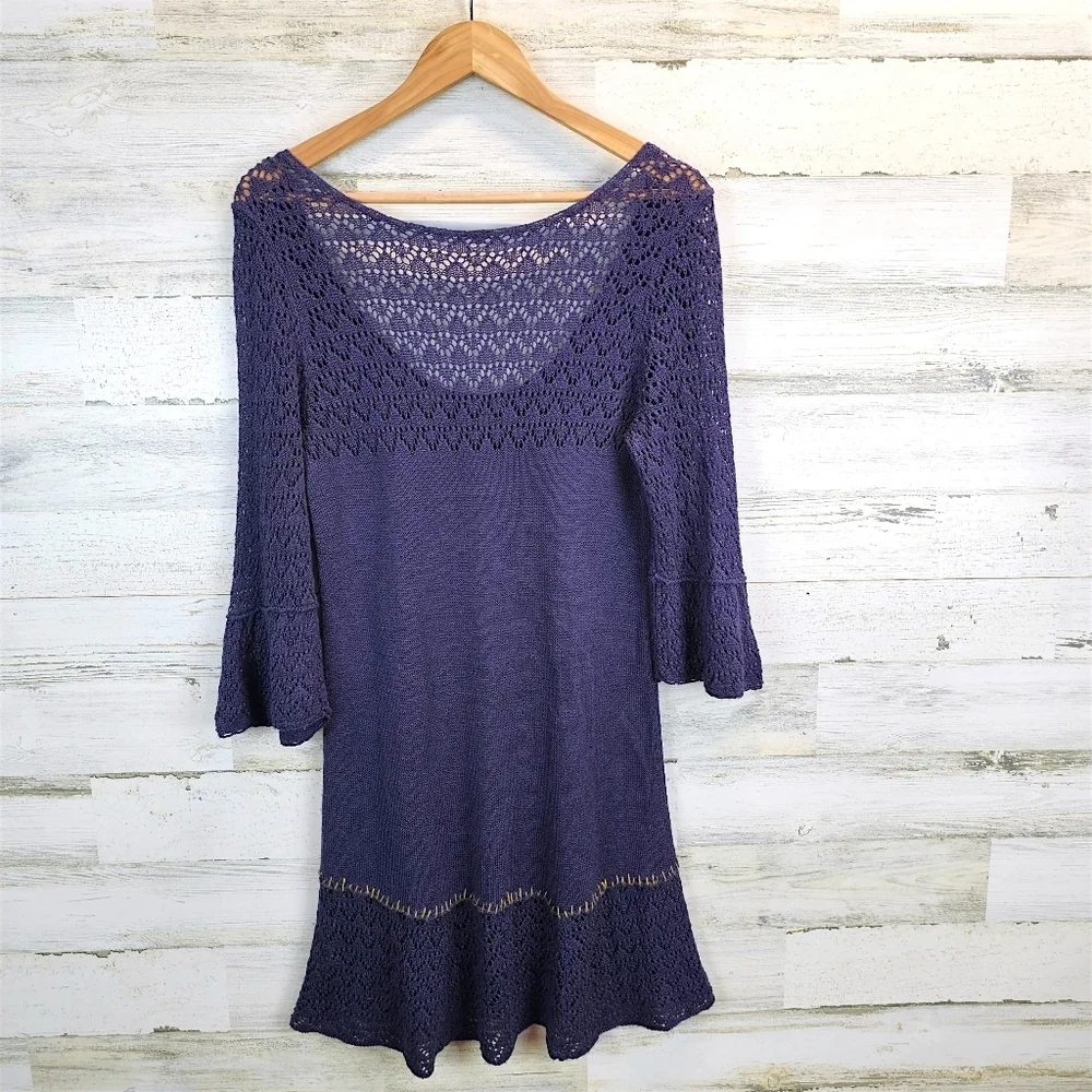 Free People Crochet Knit Flare Sleeve Mini Dress S Purple Boho Romantic Fairy