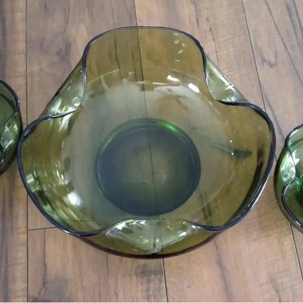 Vintage Viking Glass Olive Green‎ Swung Console Bowl and Candle Holder Set MCM