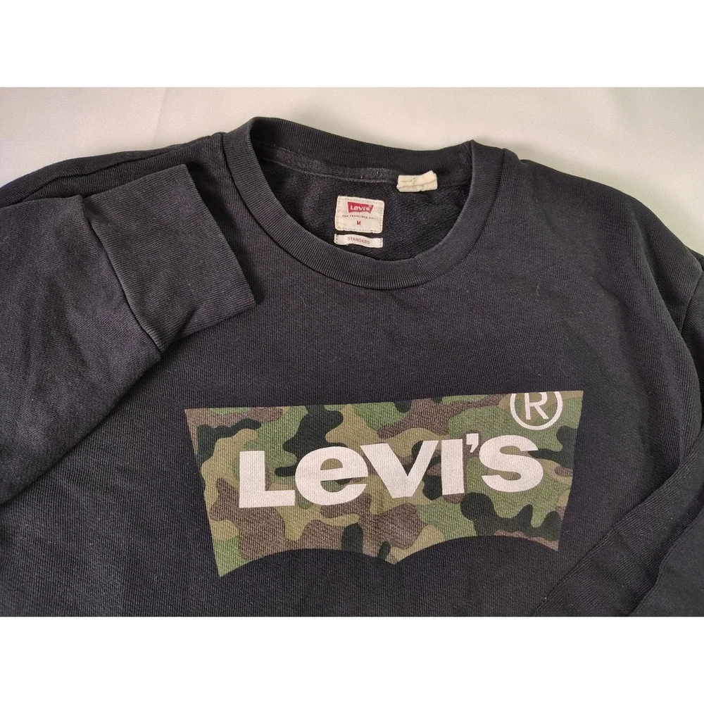 Levis Mens Sweatshirt Black Camo Batwing Logo Graphic Pullover Fleece Crewneck M