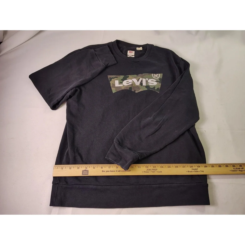 Levis Mens Sweatshirt Black Camo Batwing Logo Graphic Pullover Fleece Crewneck M