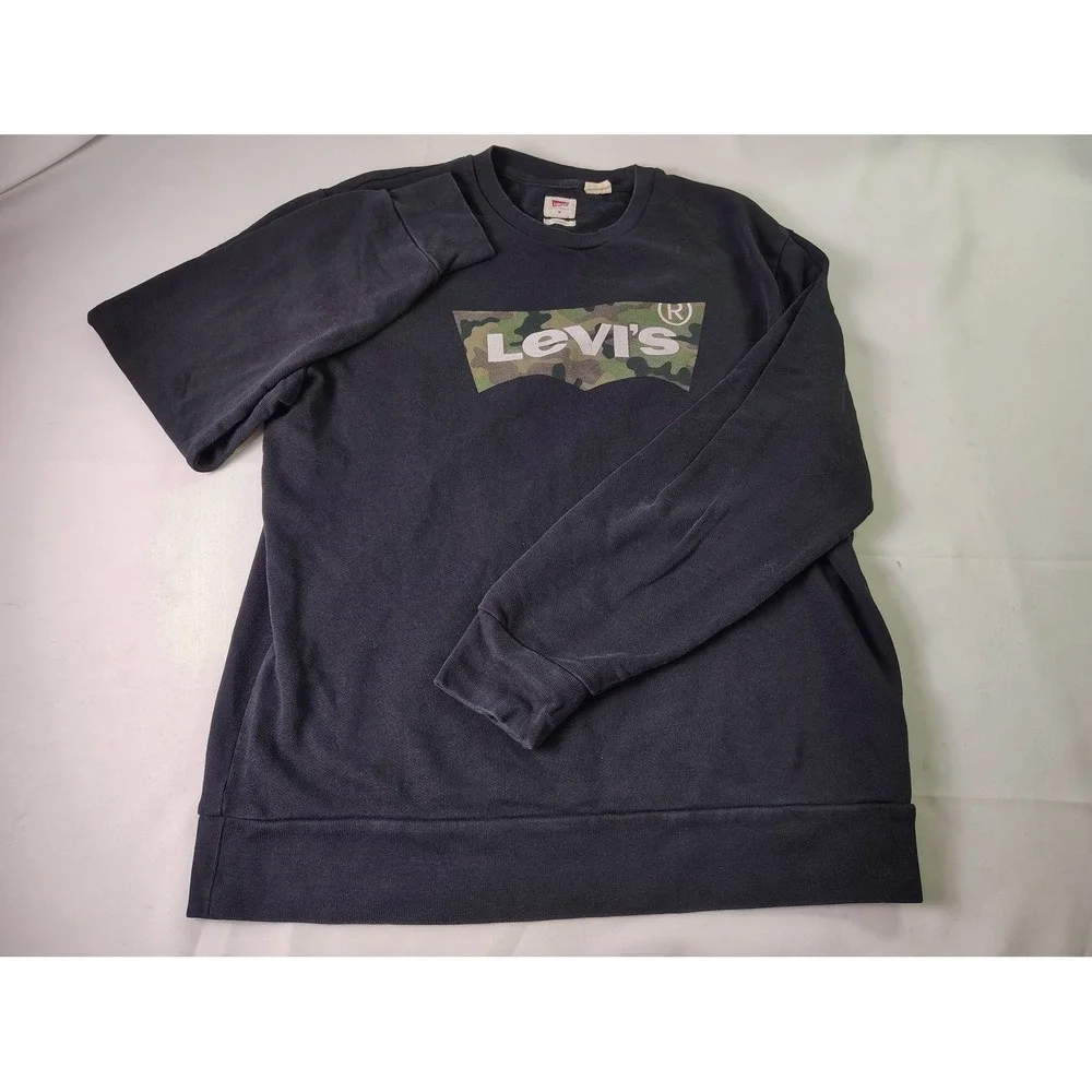 Levis Mens Sweatshirt Black Camo Batwing Logo Graphic Pullover Fleece Crewneck M