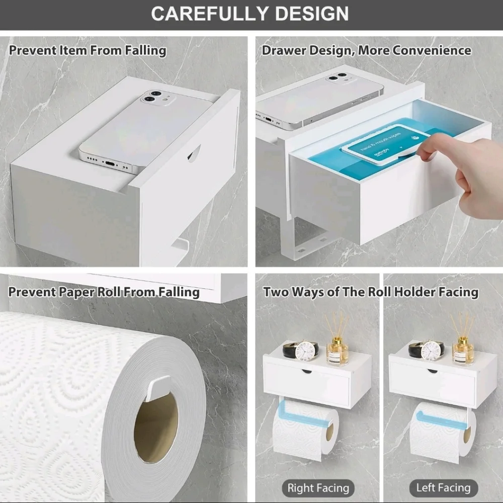 Domax Bamboo Toilet Paper Holder with Shelf Wall Bathroom White (Open Box)