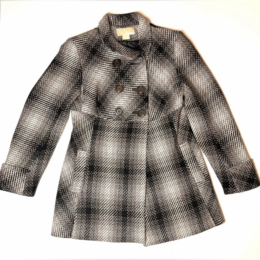 Michael Kors Women's Wool Blend Plaid Peacoat Black / Gray Size- 10