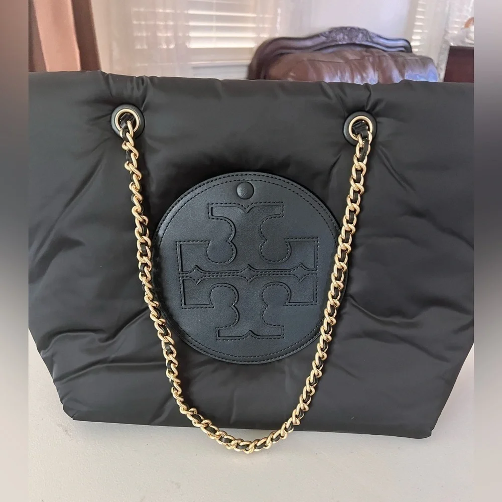 NWT- TORY BURCH• ELLA SOFT PUFFY CHAIN TOTE BLACK GHW