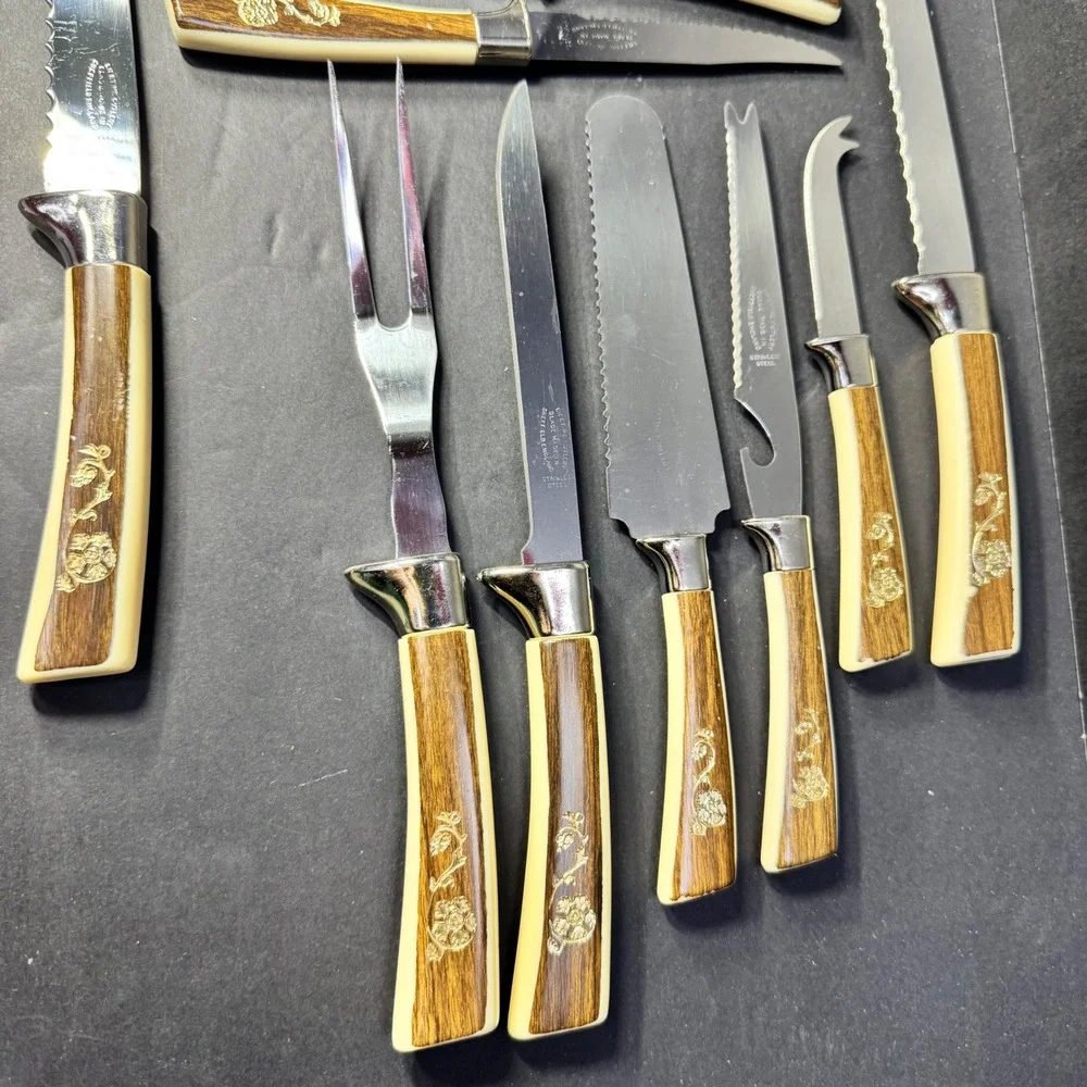 Lifetime Cutlery 15pc Knife Set Regent Sheffield Gold Rose Stainless Steel VTG‎