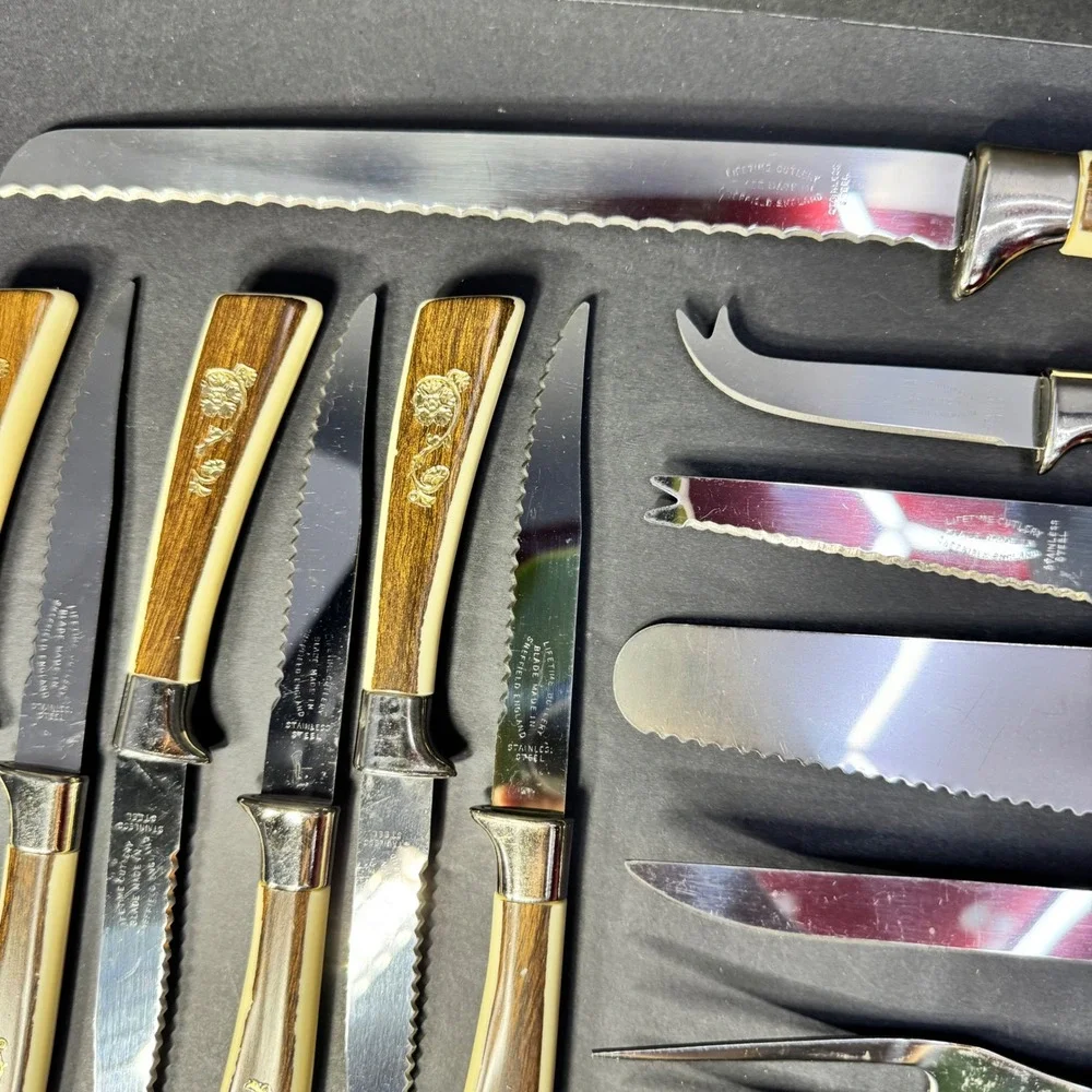 Lifetime Cutlery 15pc Knife Set Regent Sheffield Gold Rose Stainless Steel VTG‎