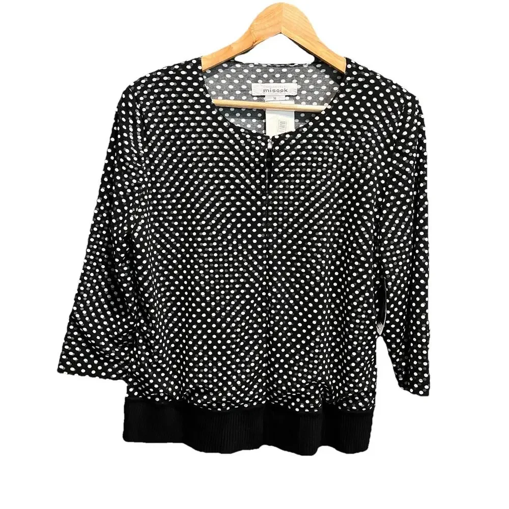 Exclusively Misook Black White Polka Dot Padded Shoulder Women's Cardigan Size M