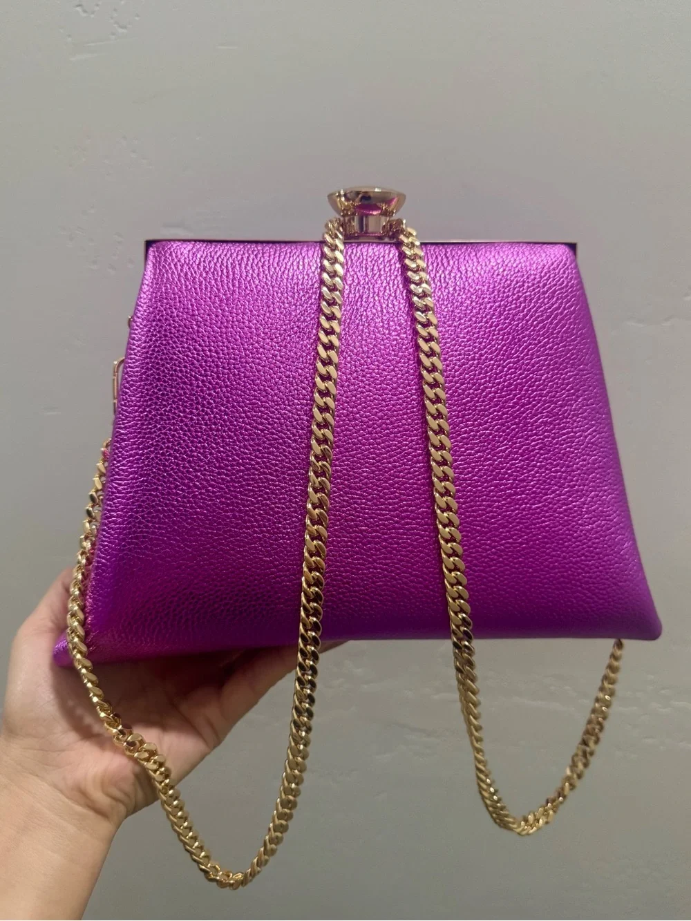 Metallic Purple Pebble Cowhide Handmade Push Lock Boxy Bag, Multi Use Style Bag