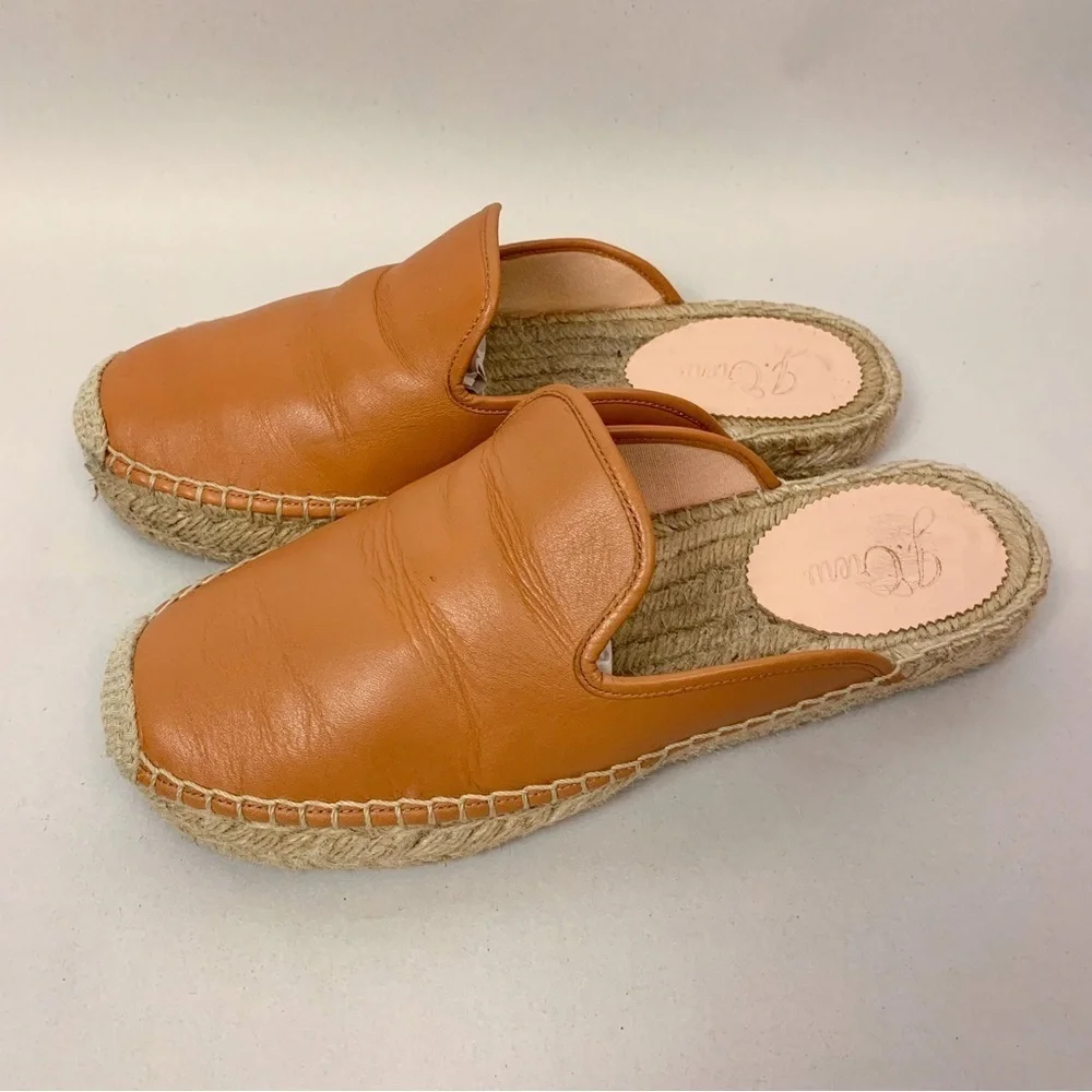 J. Crew Tan Leather Espadrille Slip On Mules