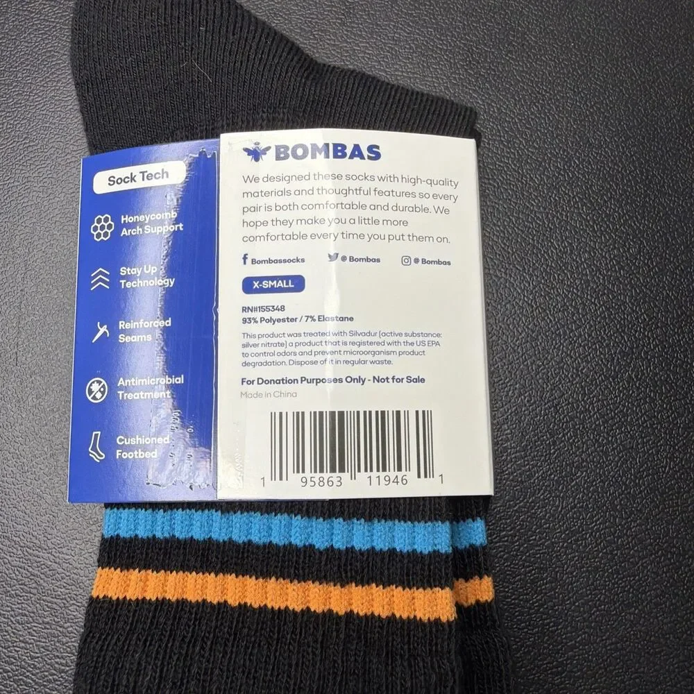 Bombas Youth XS Half Calf Socks in Black With orange And Blue Stripe