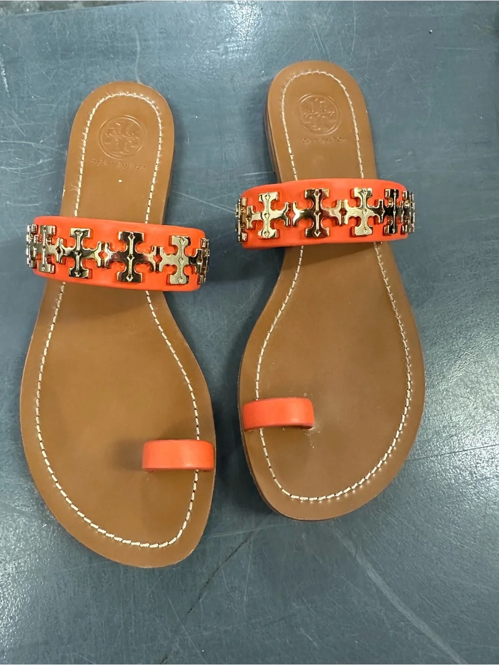 Tory Burch Orange Leather Jolie Toe Ring Slide Sandals Gold Hardware Size 6M