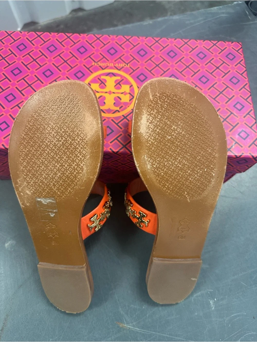 Tory Burch Orange Leather Jolie Toe Ring Slide Sandals Gold Hardware Size 6M