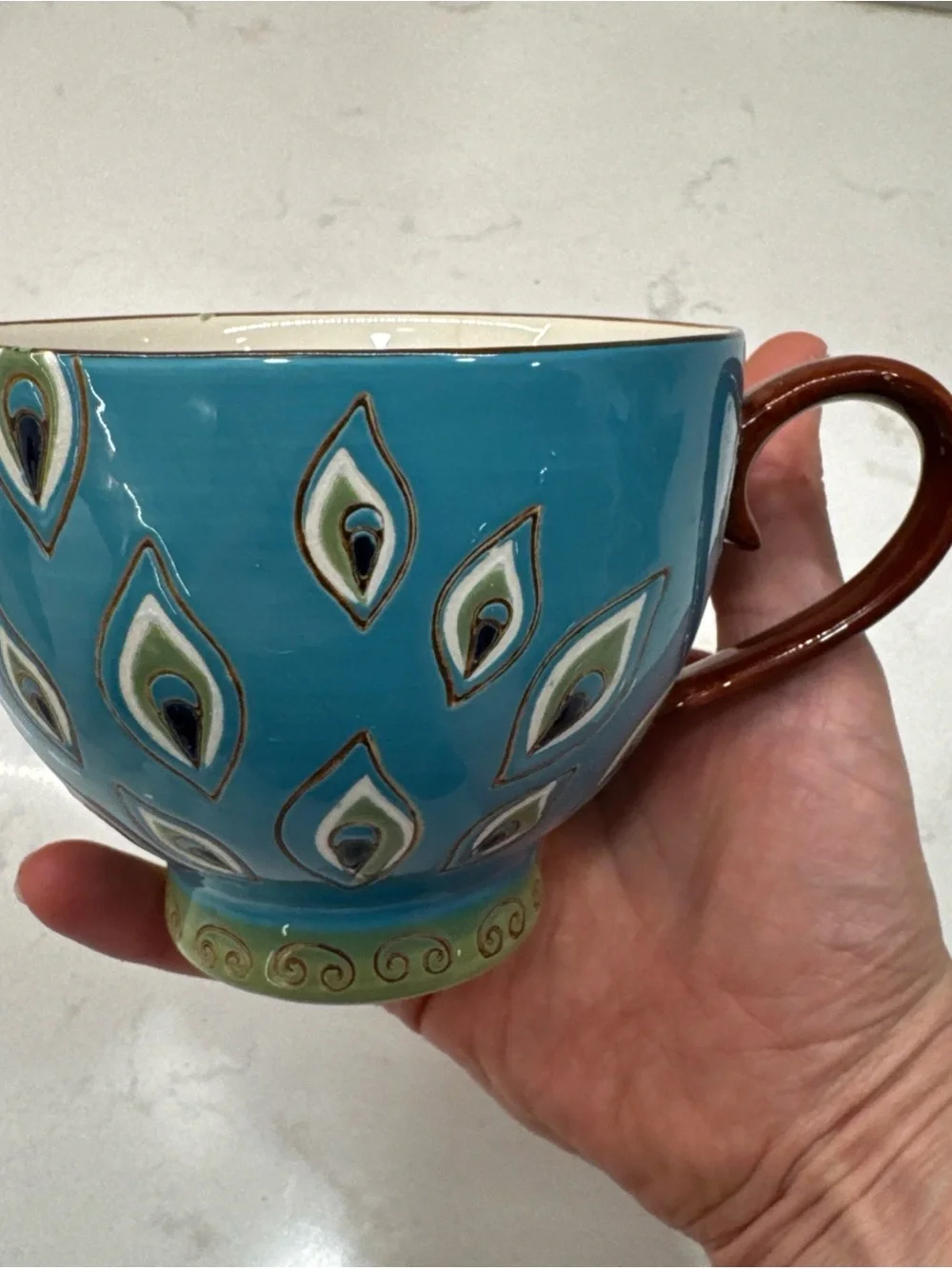 Pier 1 Turquoise Peacock Feather Ceramic Tea Cup with Brown Handle hand painted