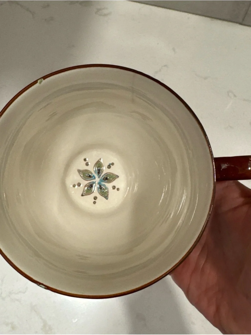 Pier 1 Turquoise Peacock Feather Ceramic Tea Cup with Brown Handle hand painted