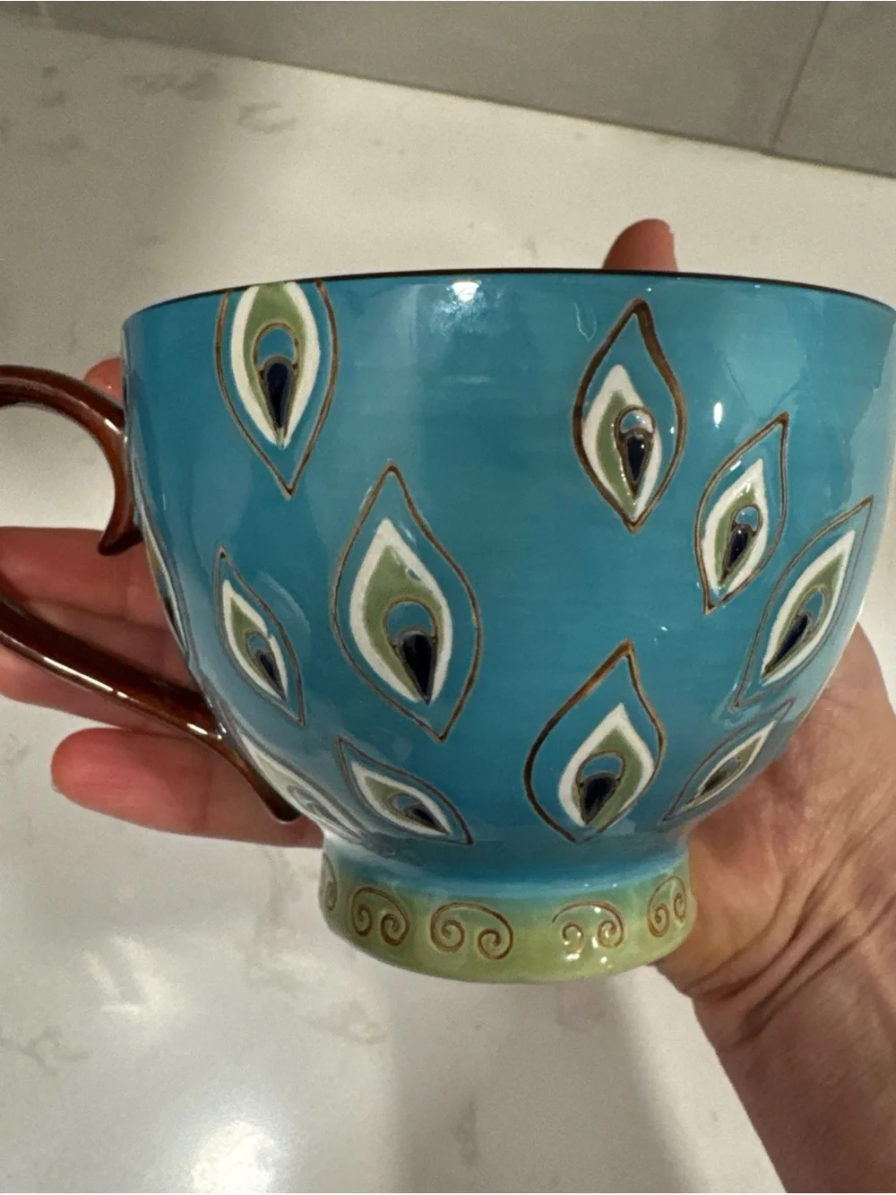 Pier 1 Turquoise Peacock Feather Ceramic Tea Cup with Brown Handle hand painted