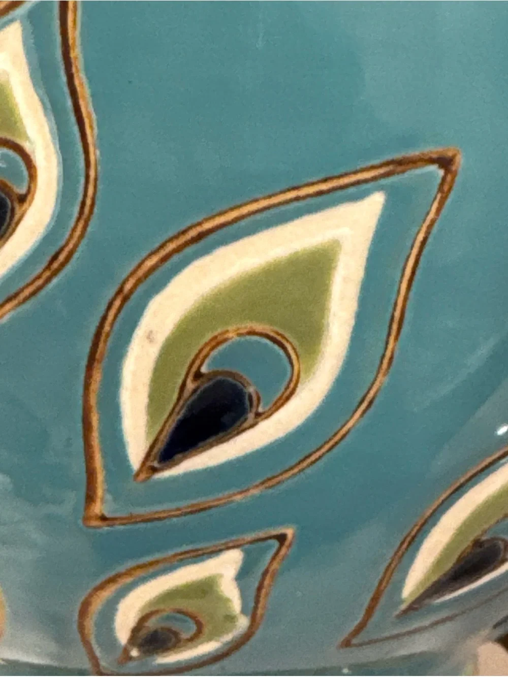 Pier 1 Turquoise Peacock Feather Ceramic Tea Cup with Brown Handle hand painted
