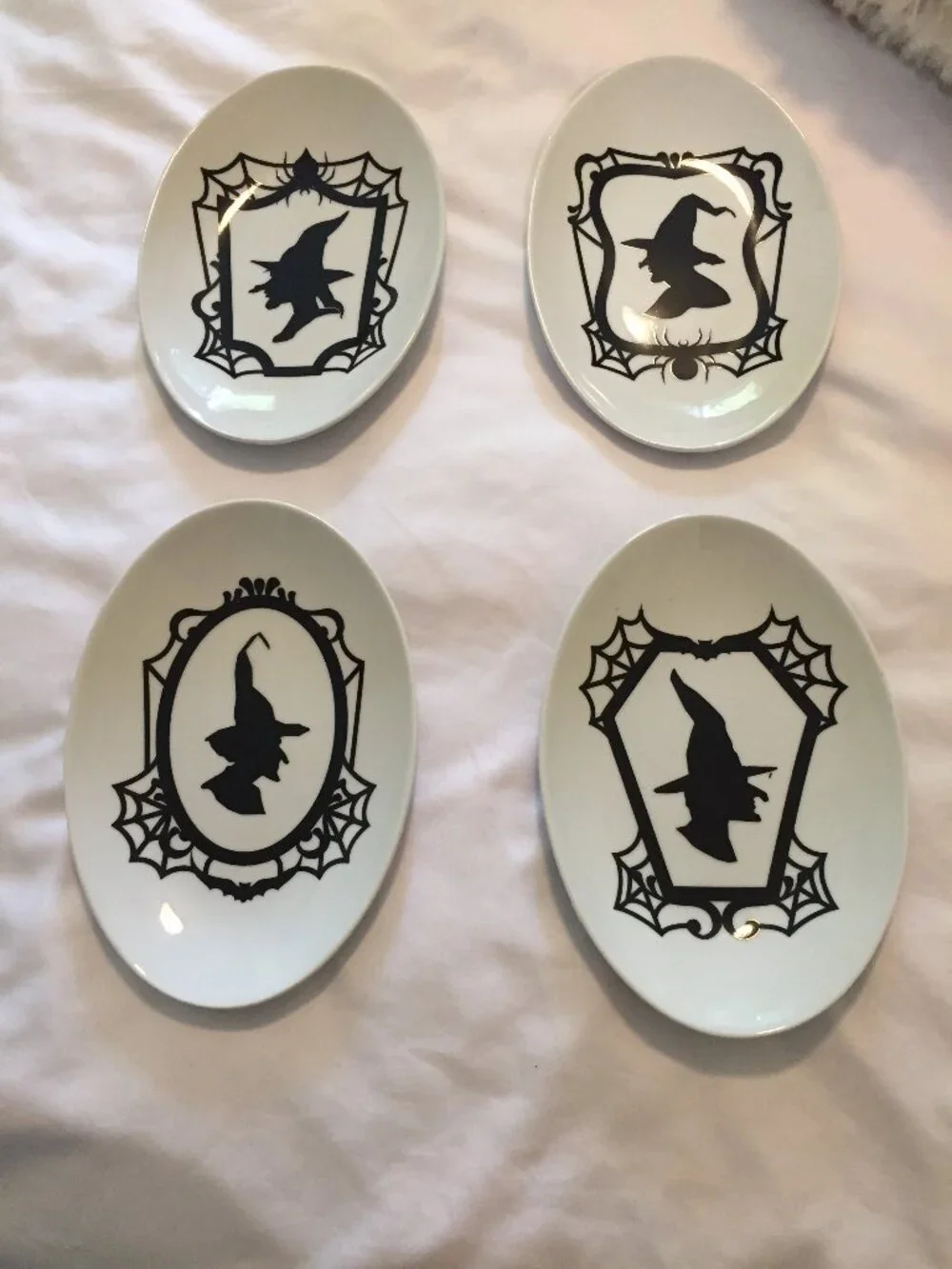 Crate & Barrel Halloween Appetizer Plates Set of 4 Witch Silhouettes Bat, Spider