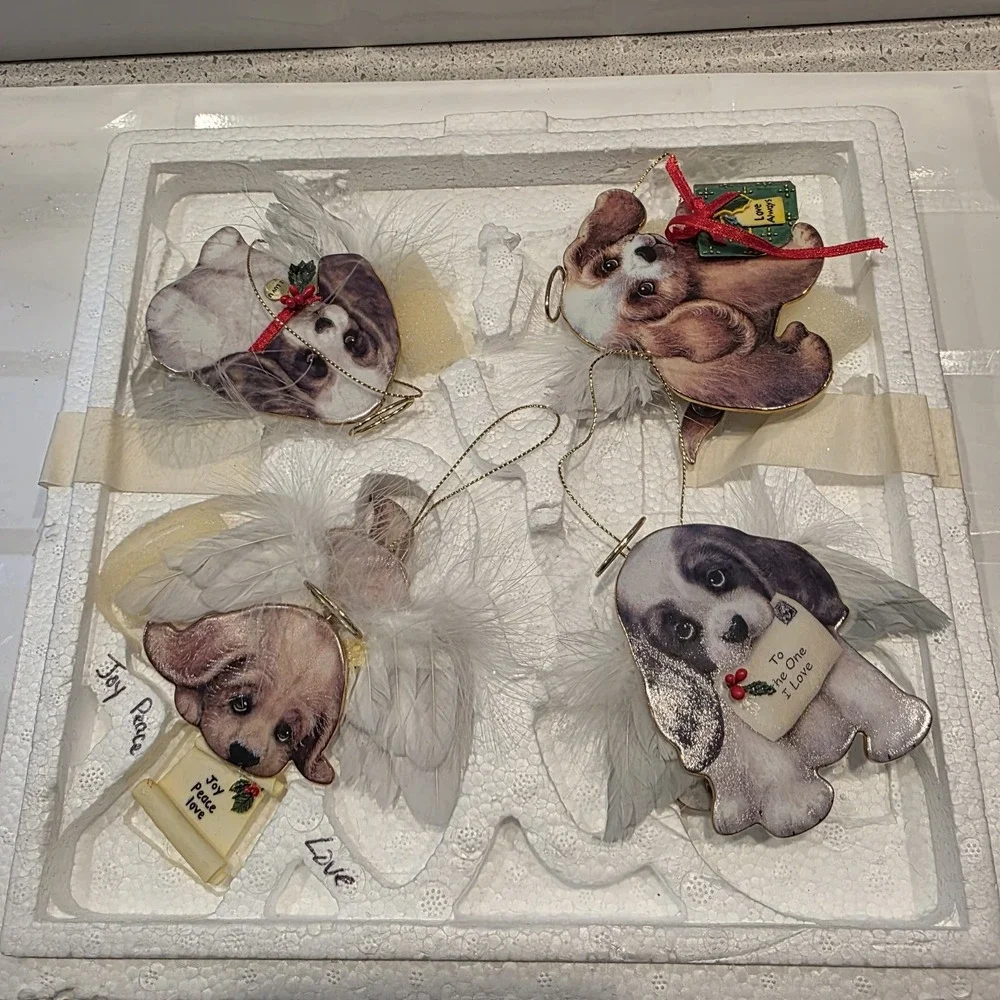 The Bradford Editions Heavenly Waggn Tails Angel Dog Porcelain Ornaments 4pc‎
