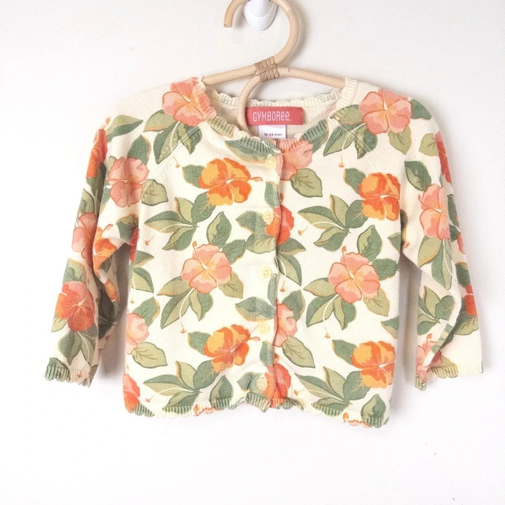Vintage Y2K Gymboree Cardigan Kids 18-24M Cream Orange Hibiscus Floral Sweater‎