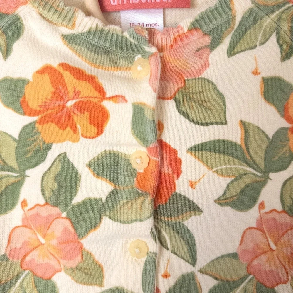 Vintage Y2K Gymboree Cardigan Kids 18-24M Cream Orange Hibiscus Floral Sweater‎