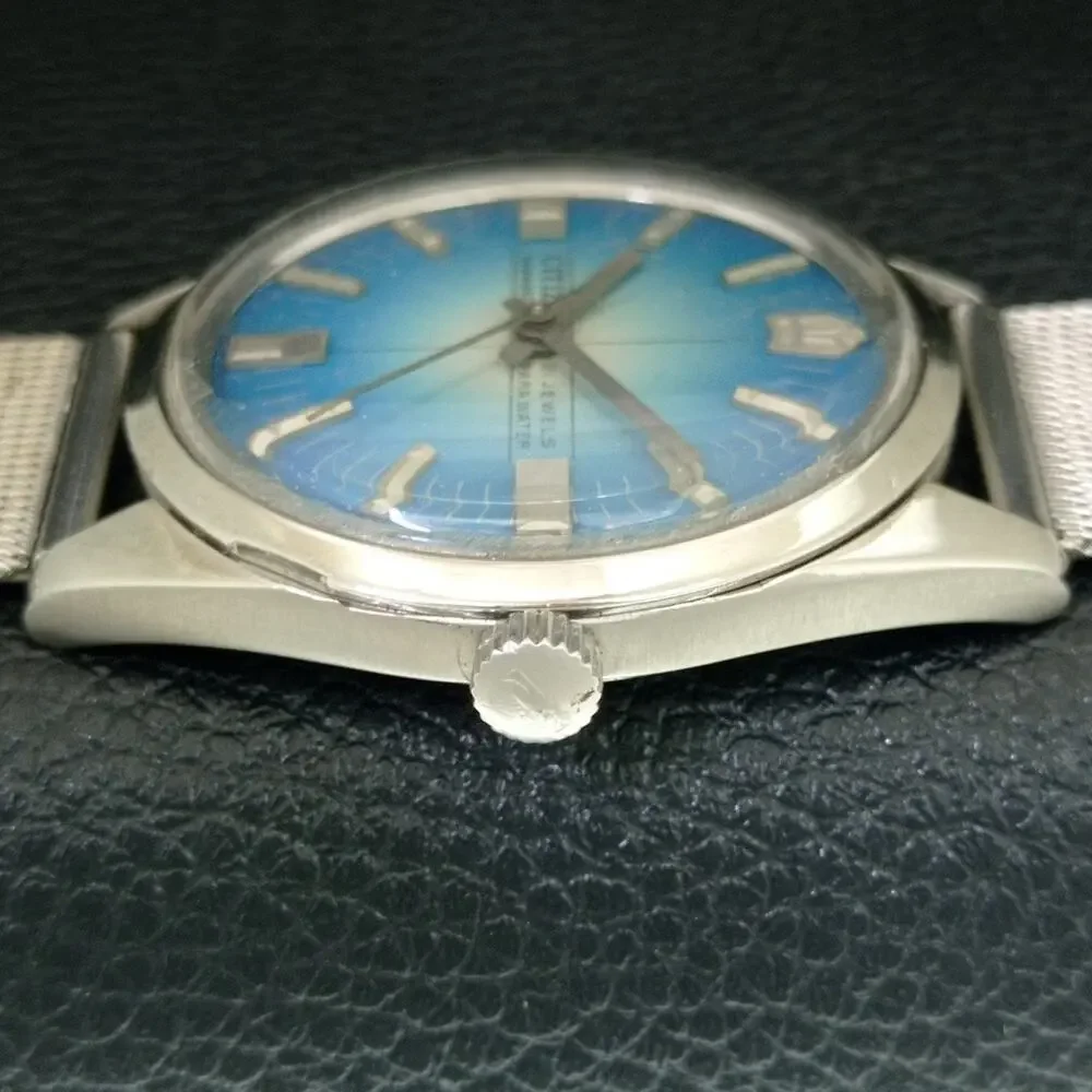 Vintage 1971 Citizen Manual Wound Mens Silver Watch & Blue accents