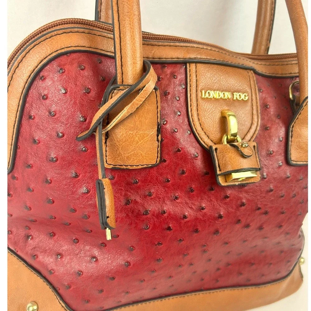 London Fog Red Ostrich Embossed Satchel Handbag Tan‎ Trim Gold Hardware