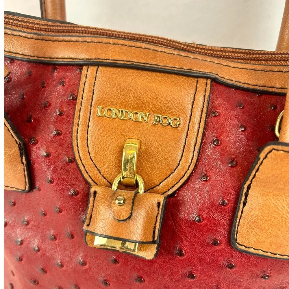 London Fog Red Ostrich Embossed Satchel Handbag Tan‎ Trim Gold Hardware