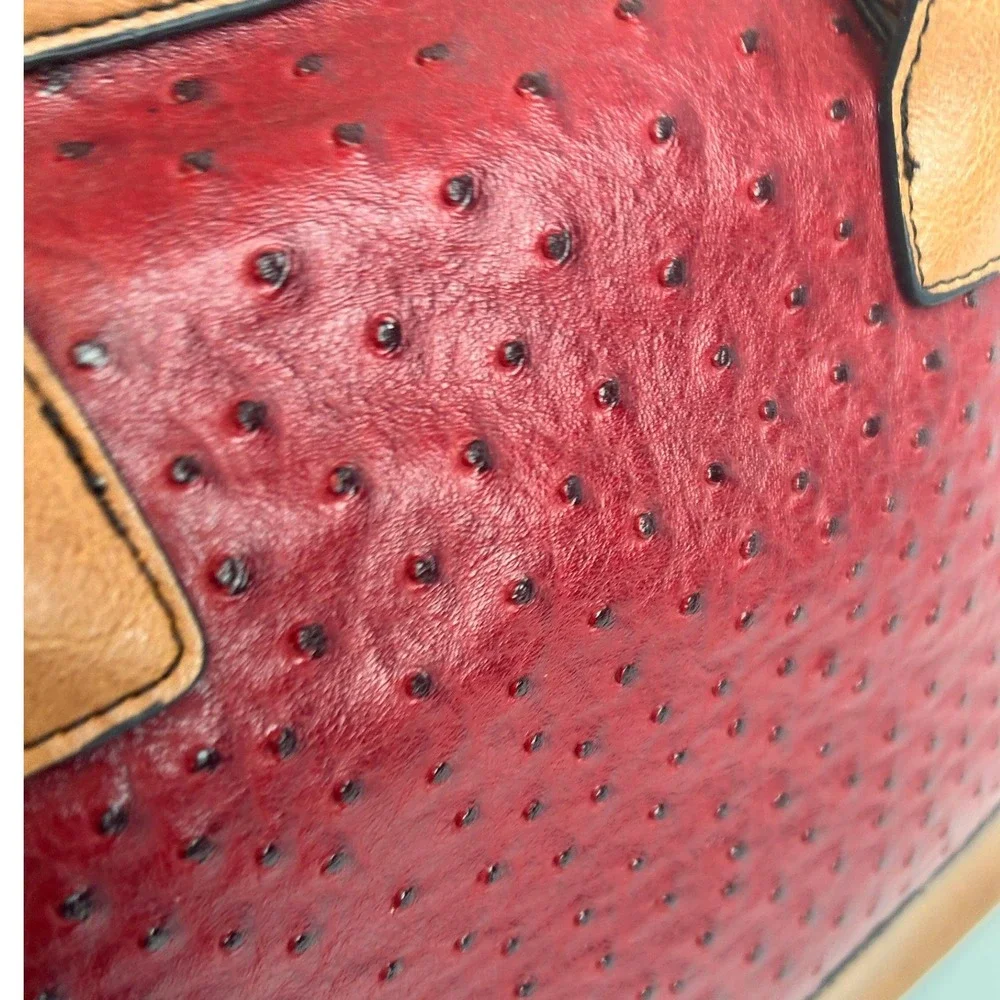 London Fog Red Ostrich Embossed Satchel Handbag Tan‎ Trim Gold Hardware