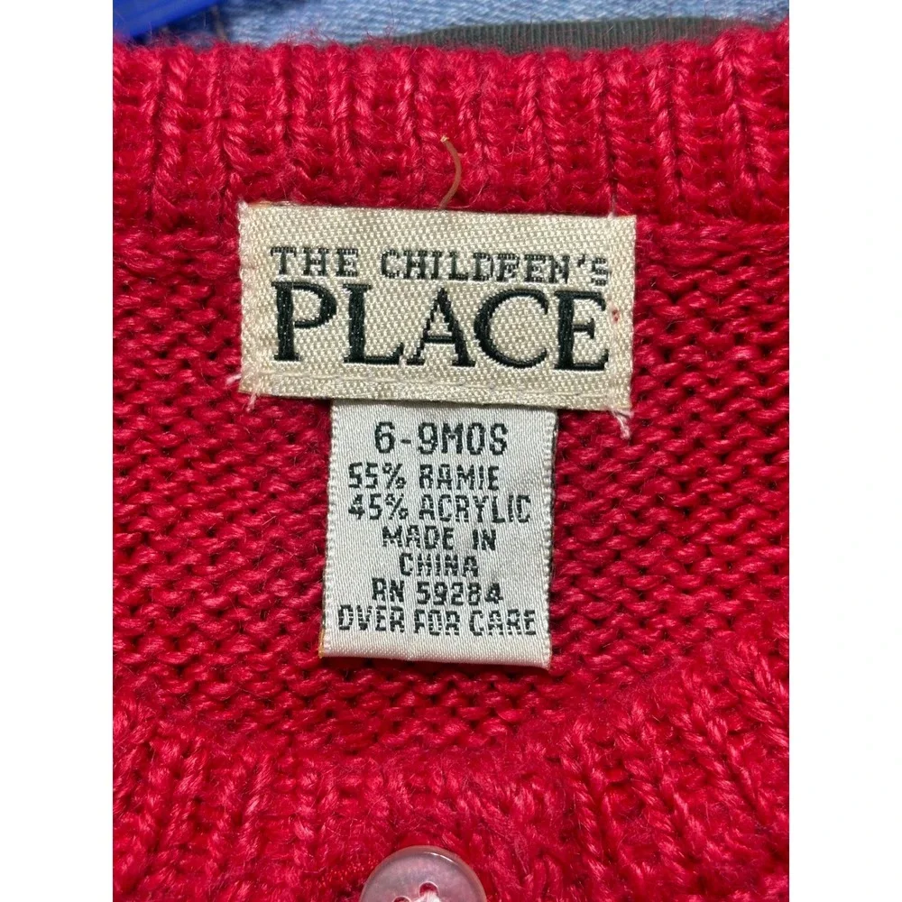 Children's Place Holiday Cardigan Bear Skiing Knit‎ Sweater Red 6-9 Months
