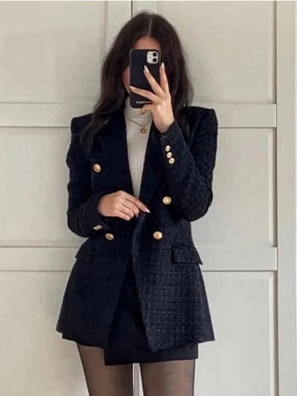 ZARA Tweed Textured Weave Double Breasted Blazer Black Gold Buttons Size Small