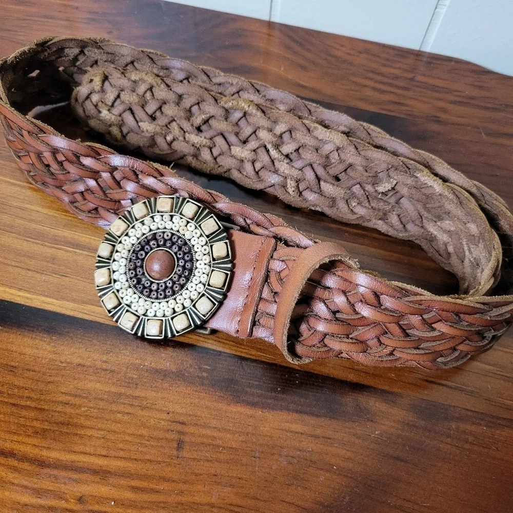 Boho Woven Leather Belt with Beaded Statement Buckle